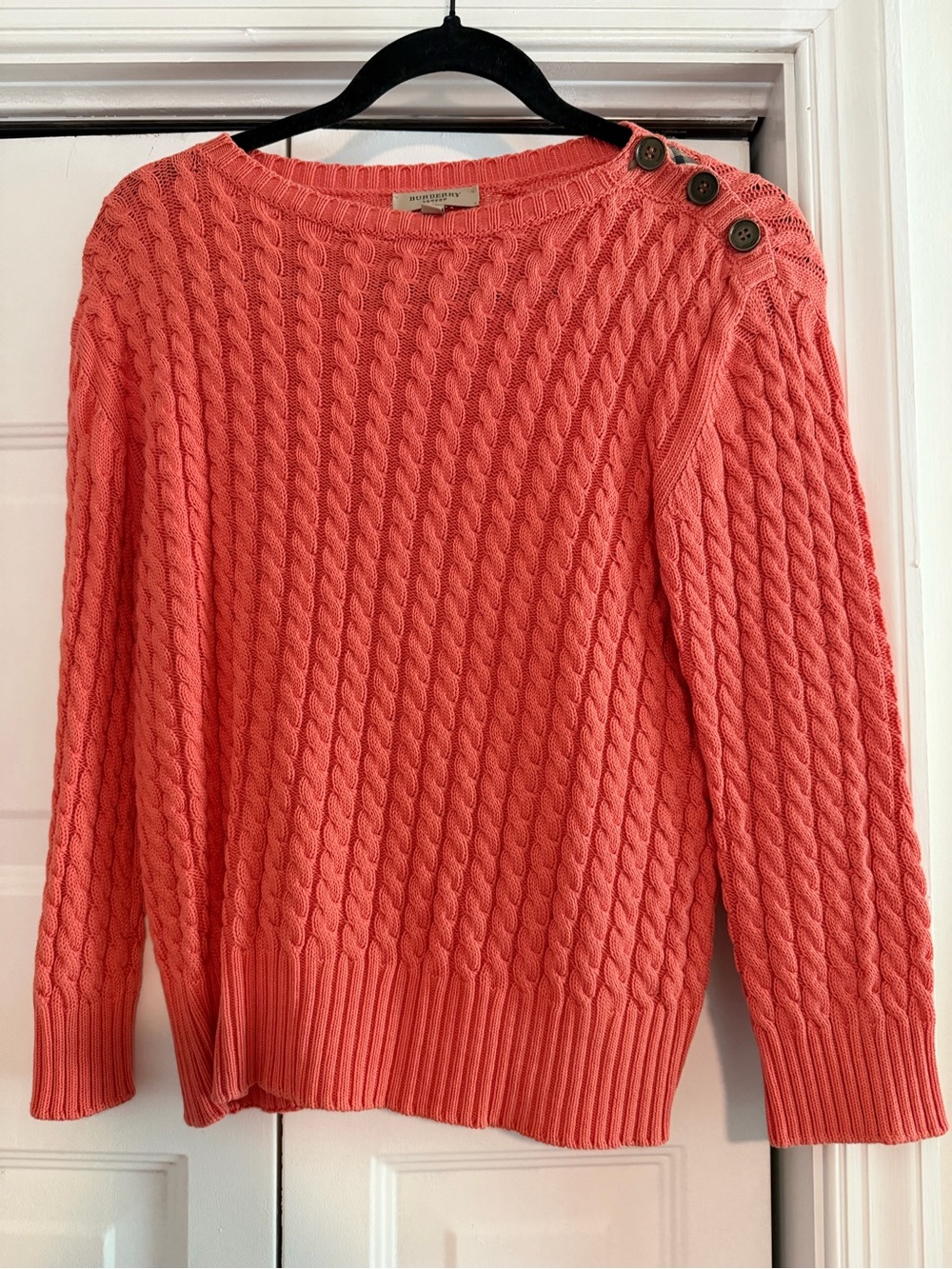 Burberry Coral Cable-Knit Button-Shoulder Sweater